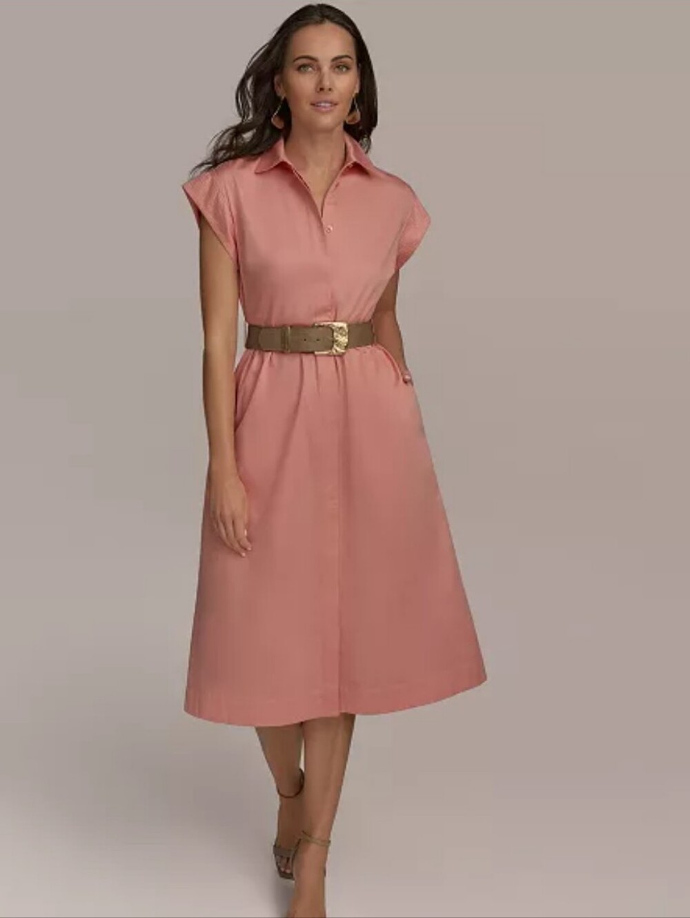 DONNA KARAN NEW YORK | US 8 (M) Cotton Midi Shirt Dress | peach pink